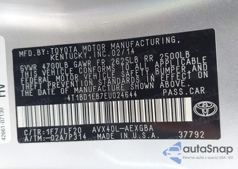2014 Toyota Avalon Hybrid Xle Premium z USA, uszkodzony, nr VIN 4T1BD1EB7EU024644